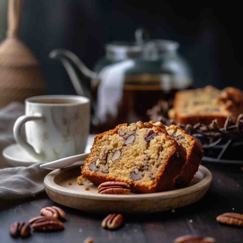 slice of banana bread with pecans served with a cup of tea.