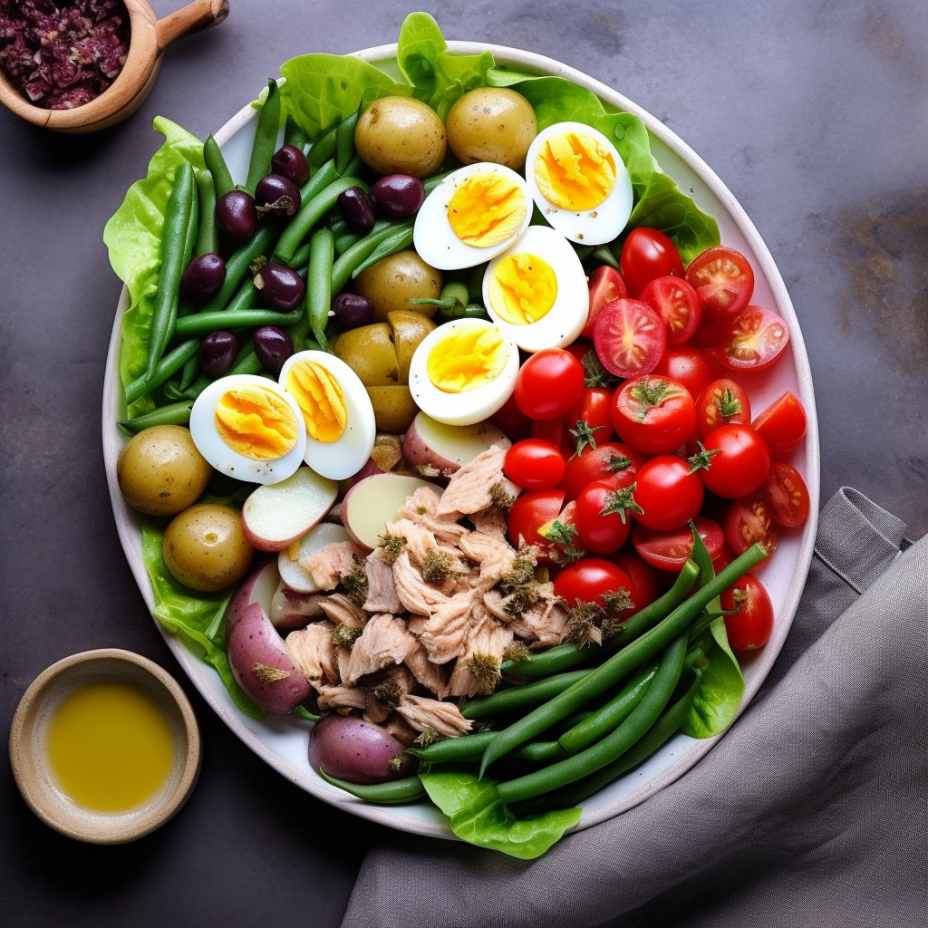 tuna salad nicoise with tomatoes, tuna, olives, boiled eggs