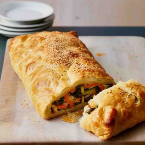 Vegetable Wellington with red peppers, mushrooms and goat cheese wrapped in flaky puff pastry