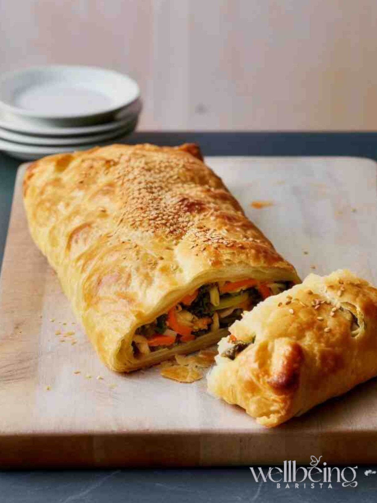 Vegetable Wellington with red peppers, mushrooms and goat cheese wrapped in flaky puff pastry