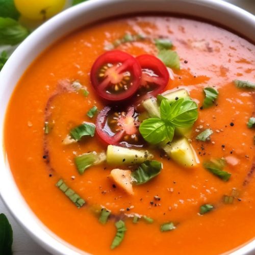 gazpacho with bread, ripe tomatoes, red pepper and cucumber