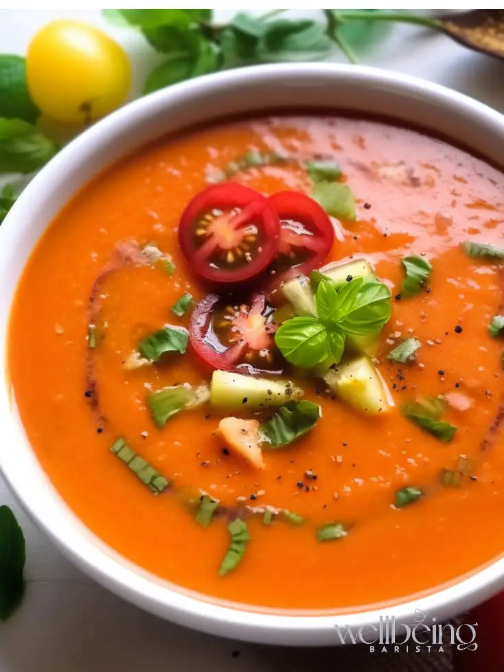 gazpacho with bread, ripe tomatoes, red pepper and cucumber