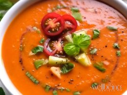 gazpacho with bread, ripe tomatoes, red pepper and cucumber