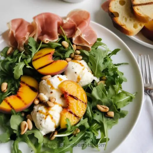 Griddled Peach with Cottage Cheese, Rucola, Prosciutto, Crostini and toasted pine nuts in a lemony olive oil dressing