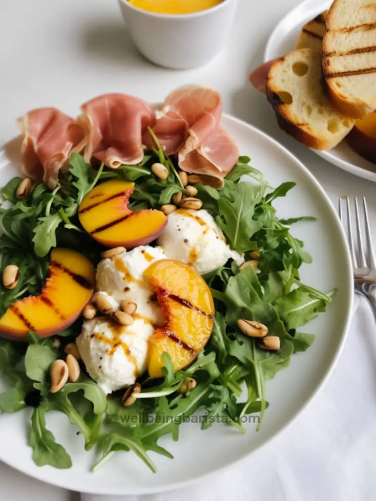 Griddled Peach with Cottage Cheese, Rucola, Prosciutto, Crostini and toasted pine nuts in a lemony olive oil dressing