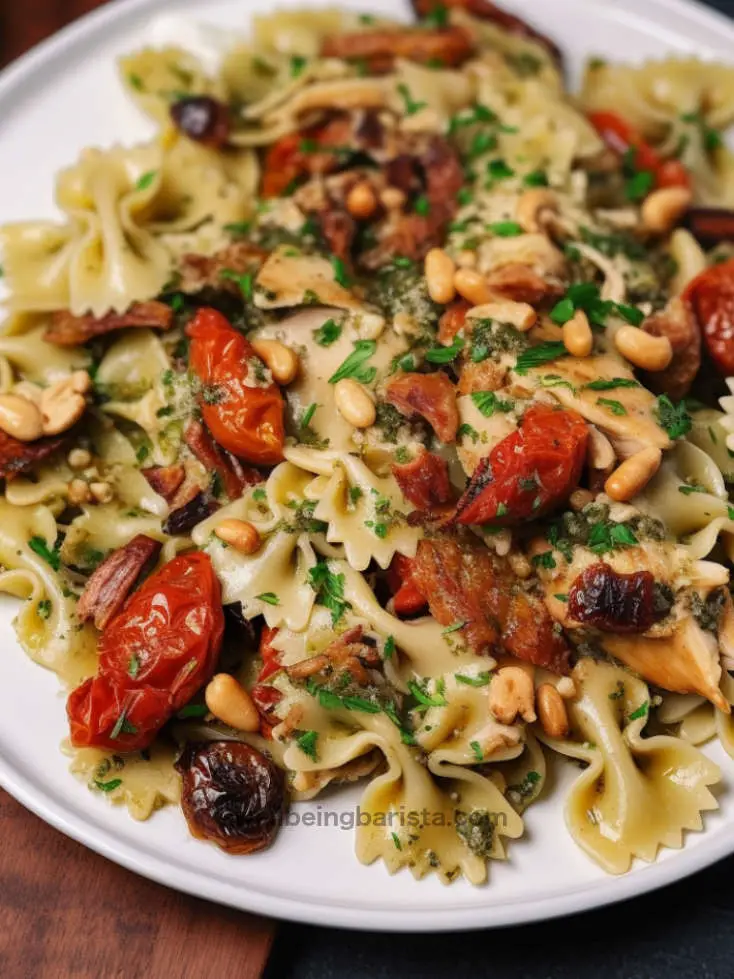 farfalle in a creamy chicken sauce adorned with sun-dried tomatoes, mushrooms and toasted pine nuts.