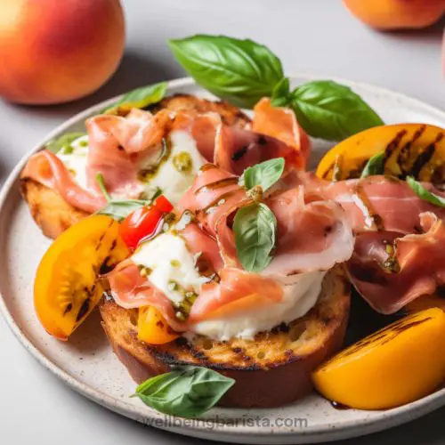 Toasted crostini with brie, grilled nectarines, prosciutto and a drizzle of pesto on top