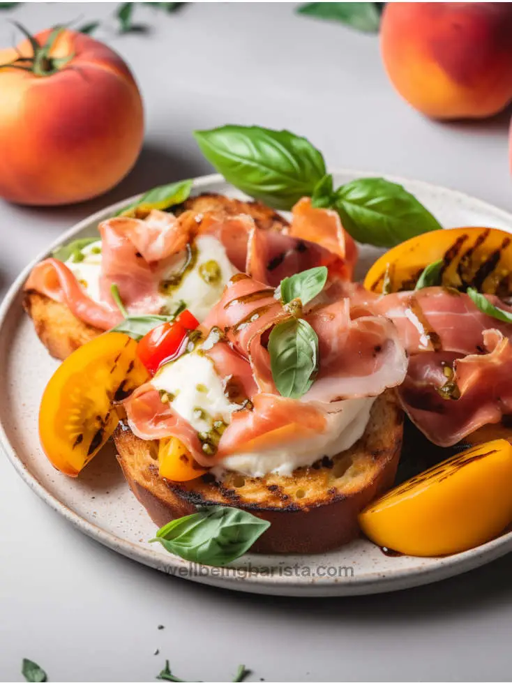 Toasted crostini with brie, grilled nectarines, prosciutto and a drizzle of pesto on top