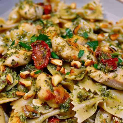 Pesto Chicken Bow Tie Pasta with Pine Nuts and Sun Dried Tomatoes