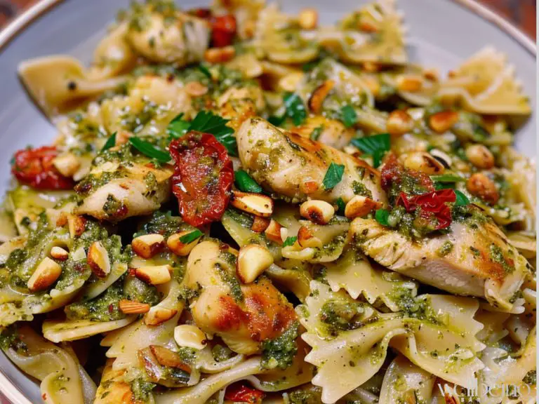 Pesto Chicken Bow Tie Pasta with Pine Nuts and Sun Dried Tomatoes