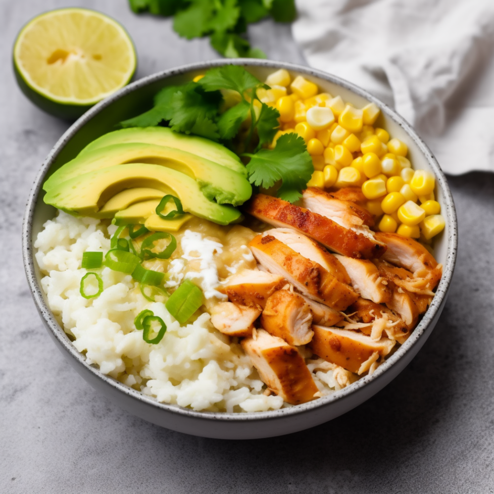 corn chicken avocado rice bowl with served with half a lime