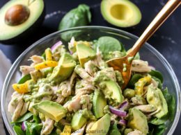 Grilled chicked and Avocado Salad with baby spinach and rocket leaves.