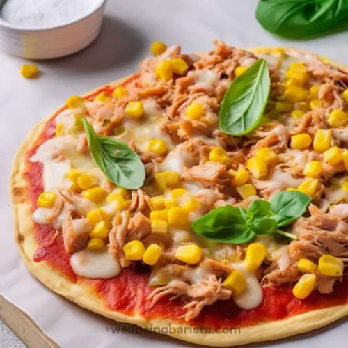 Whole wheat tortilla pizza with tuna and sweetcorn