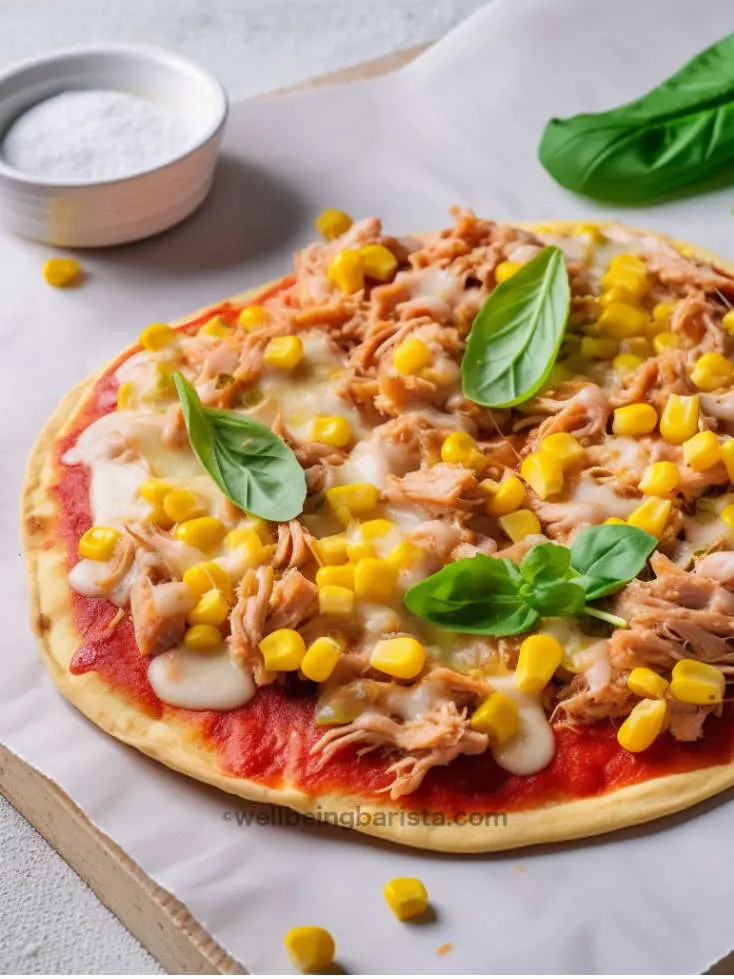 Whole wheat tortilla pizza with tuna and sweetcorn