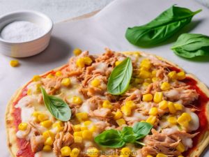 Whole wheat tortilla pizza with tuna and sweetcorn