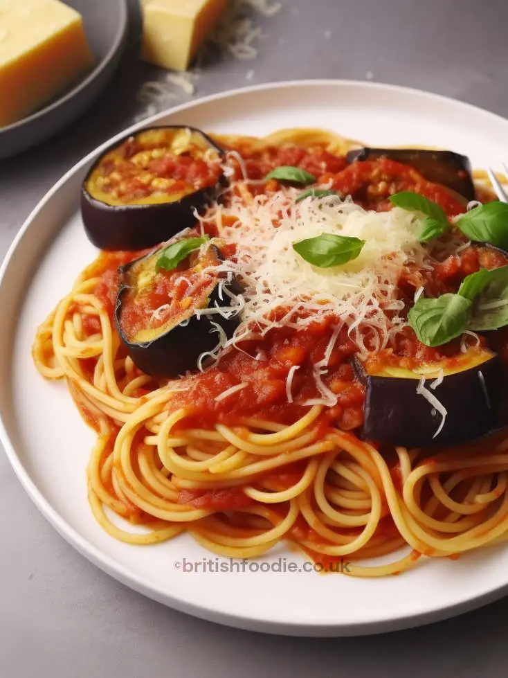 eggplant pasta alla norma topped with parmesan and basil leaves