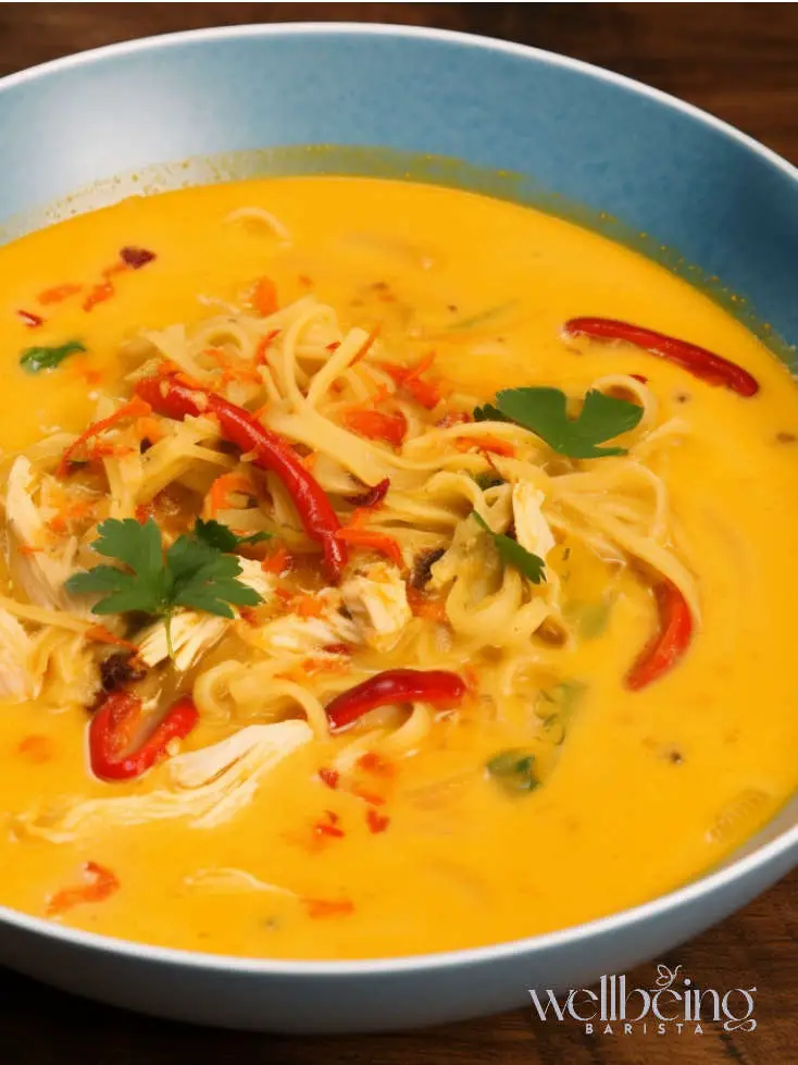 Thai Creamy Chicken Noodle Soup With Carrots, Ramen Noodles, Red Capiscum and Coconut Milk