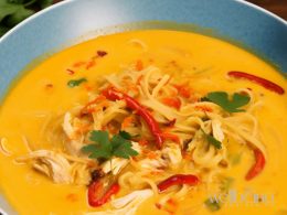 Thai Creamy Chicken Noodle Soup With Carrots, Ramen Noodles, Red Capiscum and Coconut Milk