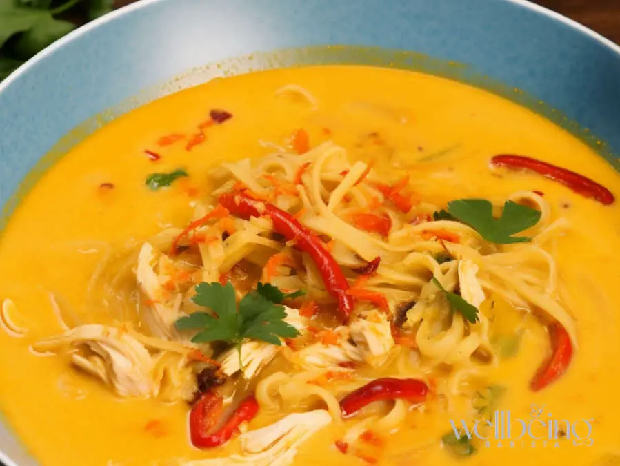 Thai Creamy Chicken Noodle Soup With Carrots, Ramen Noodles, Red Capiscum and Coconut Milk