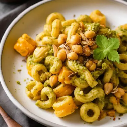 Brown Butter Pistacchio Pesto Cavatappi with Roasted Pumpkin and Chickpeas