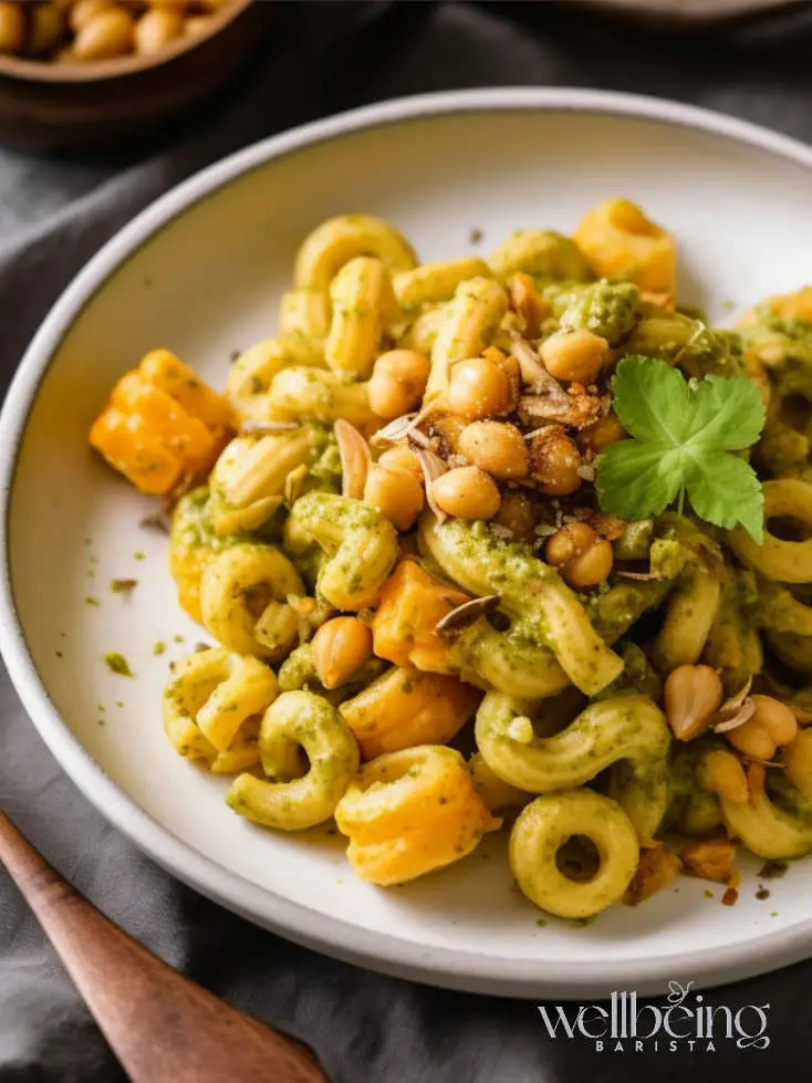 Brown Butter Pistacchio Pesto Cavatappi with Roasted Pumpkin and Chickpeas