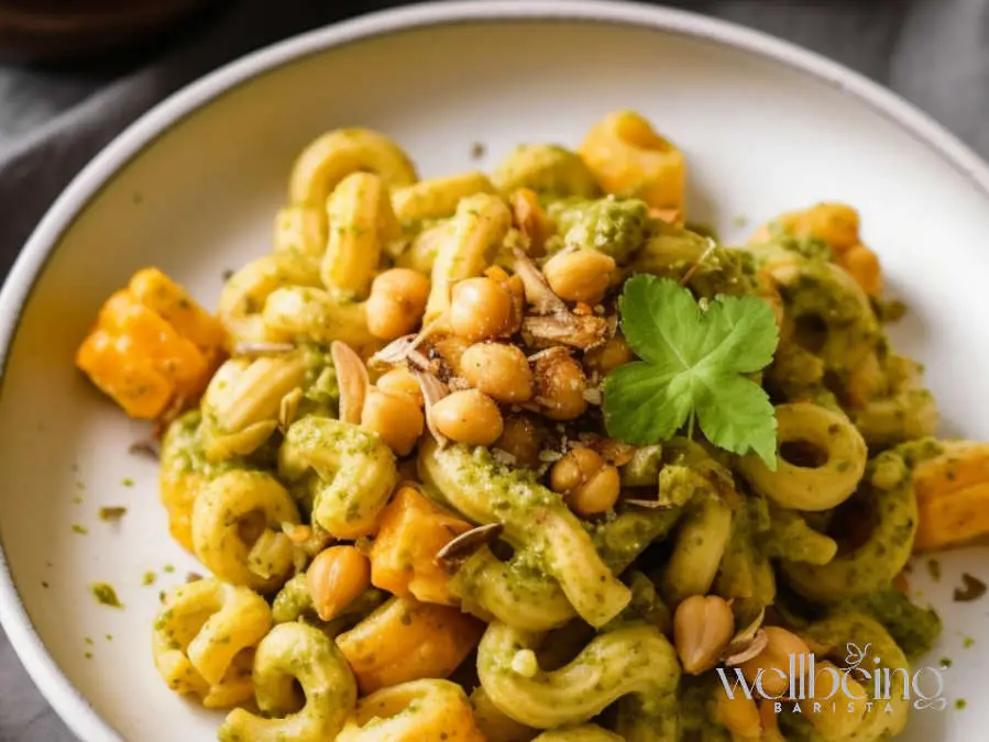 Brown Butter Pistacchio Pesto Cavatappi with Roasted Pumpkin and Chickpeas