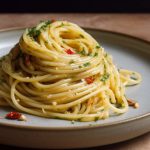 spaghetti with olive oil, garlic and chili and garnished in finely chopped parsley