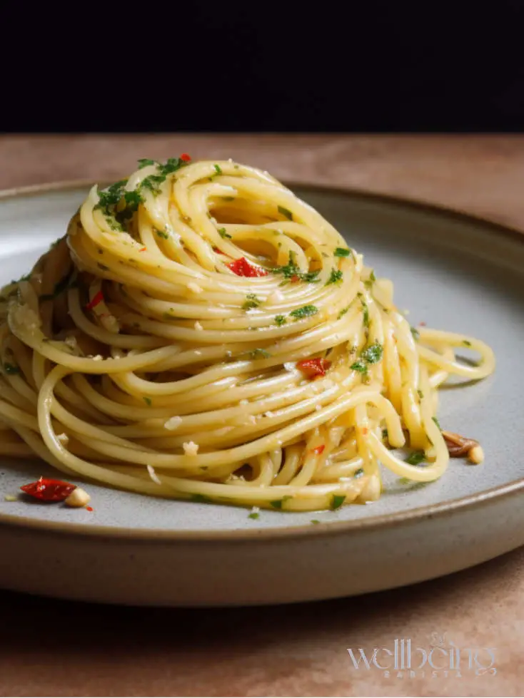 spaghetti with olive oil, garlic and chili and garnished in finely chopped parsley