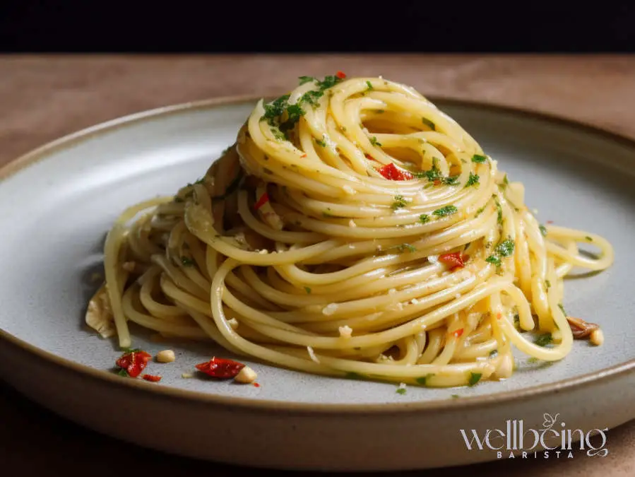 spaghetti with olive oil, garlic and chili and garnished in finely chopped parsley