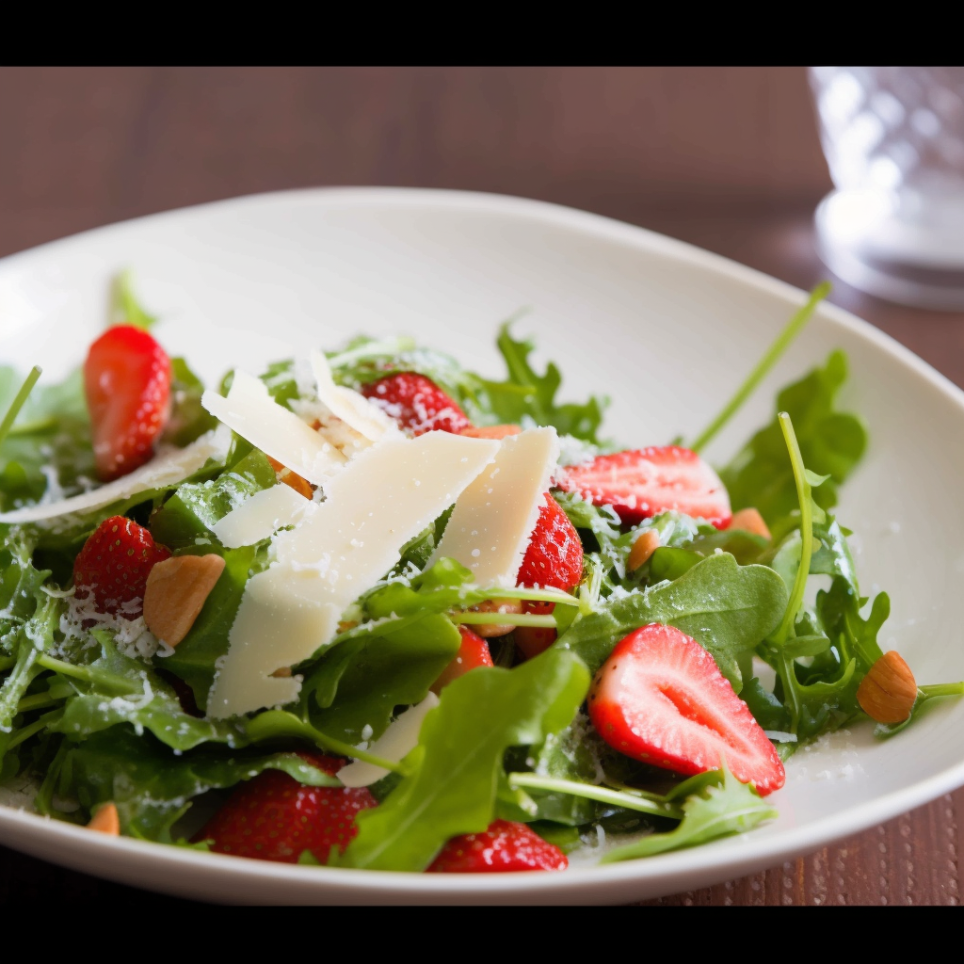 strawberry balsamic and green salad with parmesan shavings