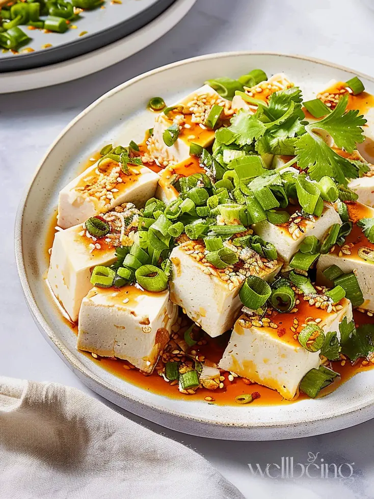 Korean Marinated Silken Tofu cut in pieces to serve as banchan
