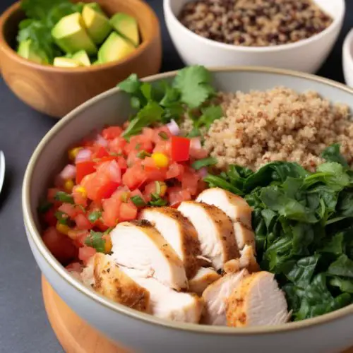 healthy chicken burrito bowl with veggies and quinoa