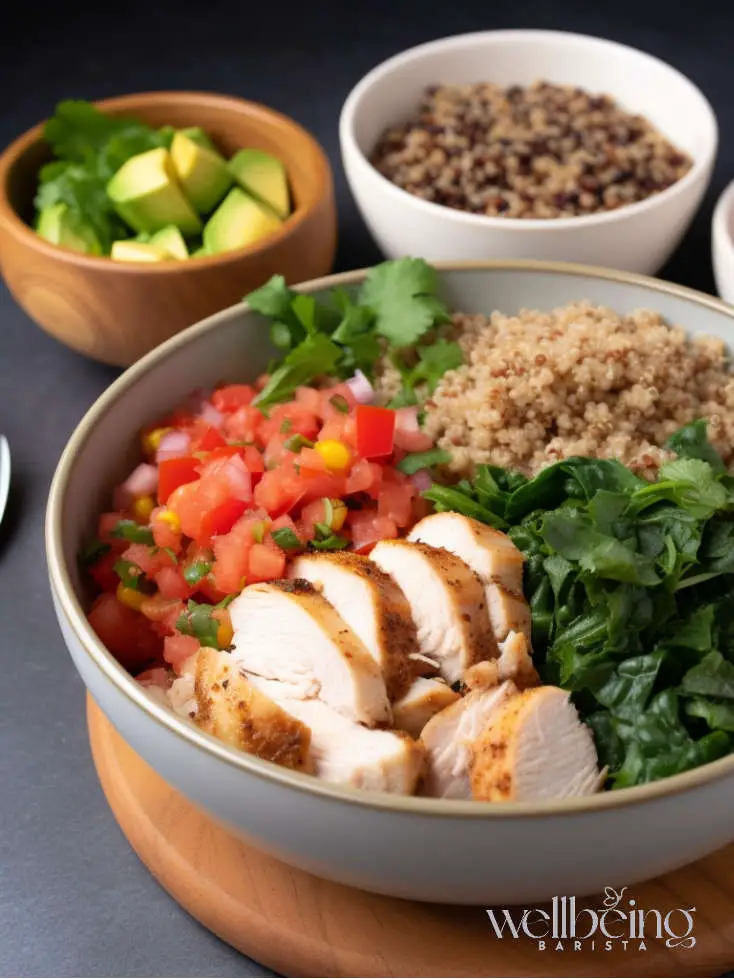 healthy chicken burrito bowl with veggies and quinoa