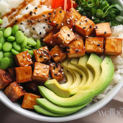 crispy tofu poke bowl with edamame, avocado, carrots and rice