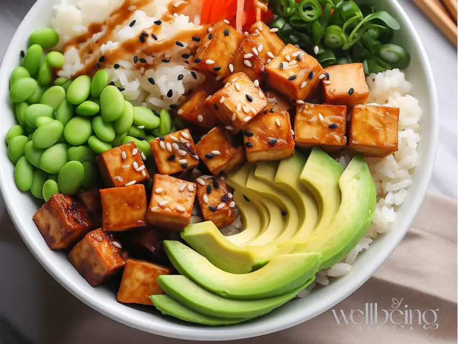 crispy tofu poke bowl with edamame, avocado, carrots and rice