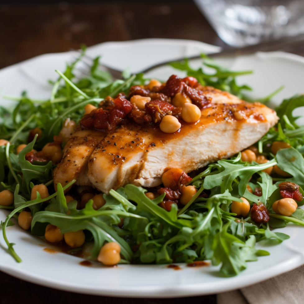 mediterranean chicken on a bed of arugula served with a sun-dried tomato chickpea salad