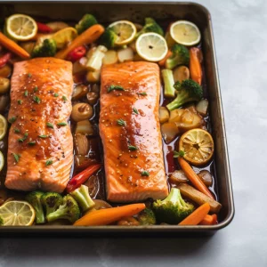 mediterranean salmon and carrot, zucchini traybake in lemon sauce