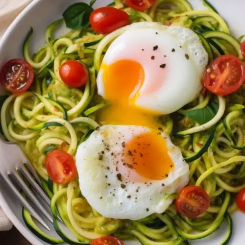 poached eggs breakfast salad with spiralized zucchini, spinach, basil and cherry tomatoes