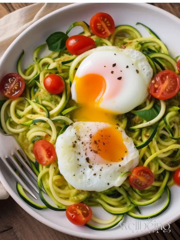 poached eggs breakfast salad with spiralized zucchini, spinach, basil and cherry tomatoes