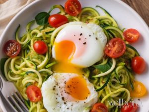 poached eggs breakfast salad with spiralized zucchini, spinach, basil and cherry tomatoes