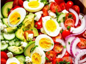 spinach tomato avocado salad with hard boiled egg and cucumbers