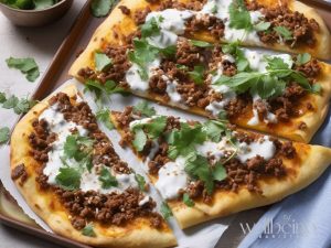 turkish flatbread with minced beef, veggies and a drizzle of yoghurt (optional)