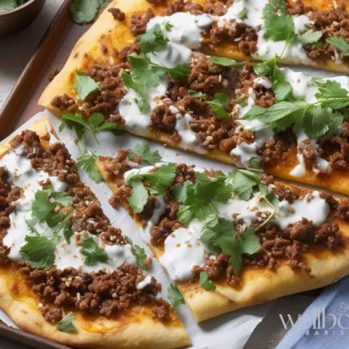 turkish flatbread with minced beef, veggies and a drizzle of yoghurt (optional)