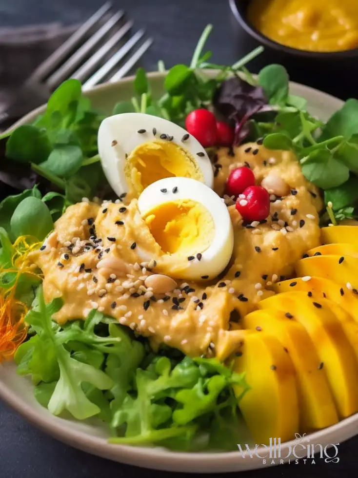 mango arugula chickpea hummus lingonberries boiled egg and toasted black sesame seeds