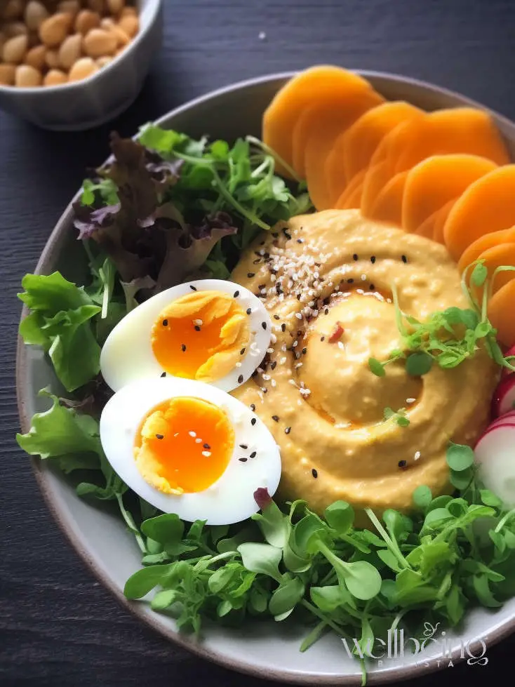 mango arugula chickpea hummus radishes boiled egg and toasted black sesame seeds