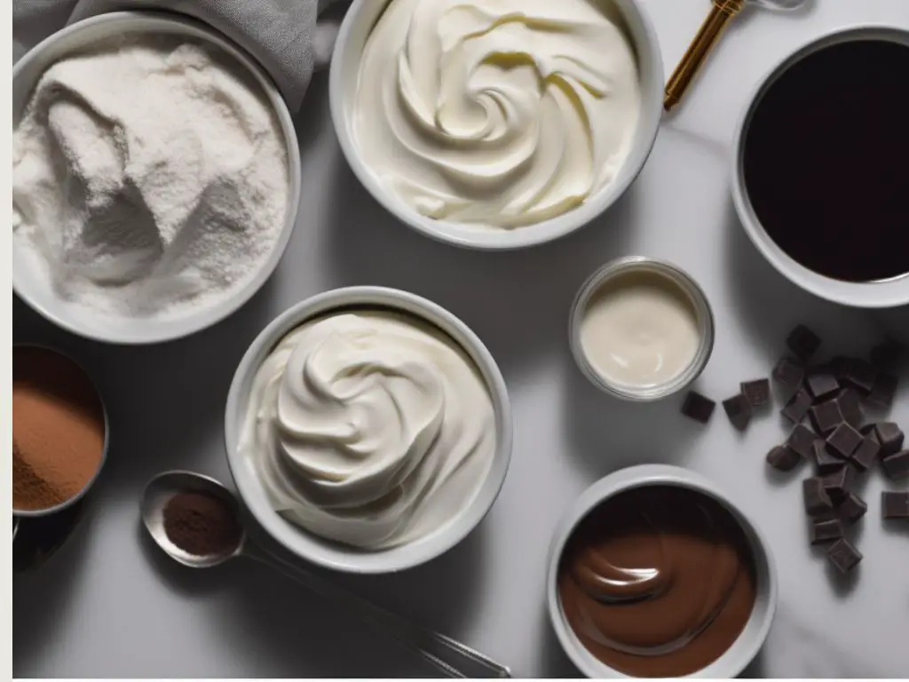 The Secret Ingredient - A styled flat-lay photo showing the key ingredients for the cake: a jar of good-quality mayonnaise, a cup of brewed coffee and a bowl of cocoa powder and flour.